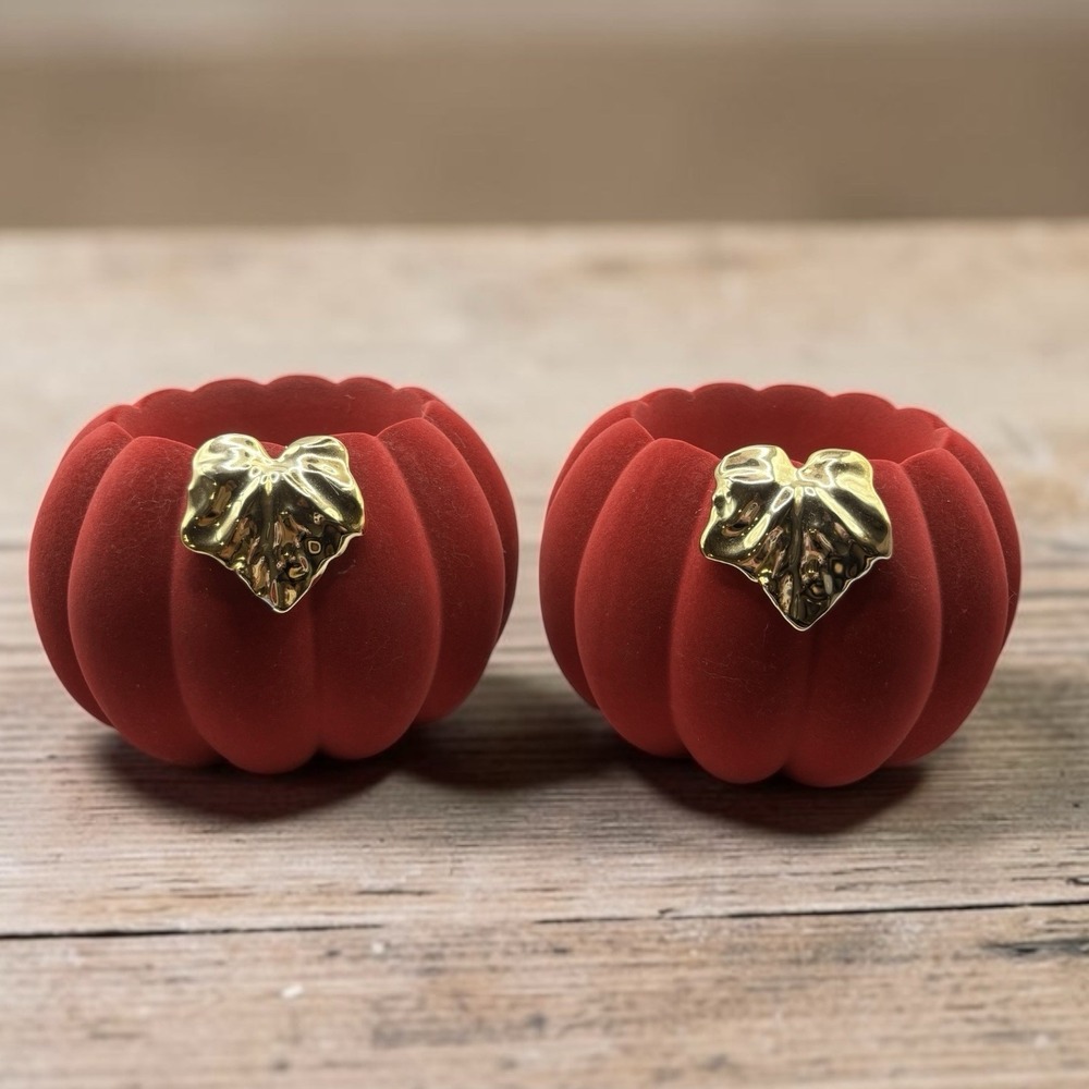 Set Of 2 Bath & Body Works 3 Wick Candle Holder Flocked Pumpkin w/gold leaf
